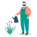 Illustration with cute cartoon gardener man in overall taking care of plants Royalty Free Stock Photo